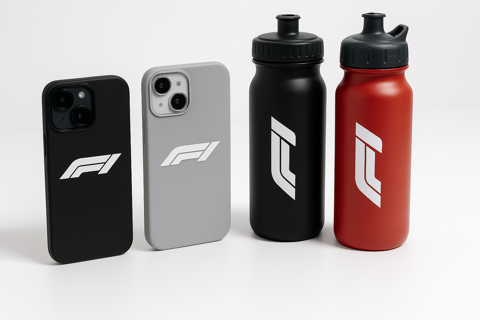 Phone case and bottles with the F1 logo on it 